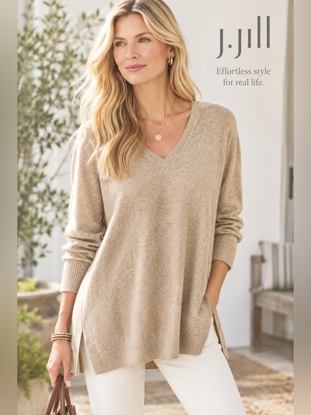 J. Jill Beige V-Neck Tunic Sweater